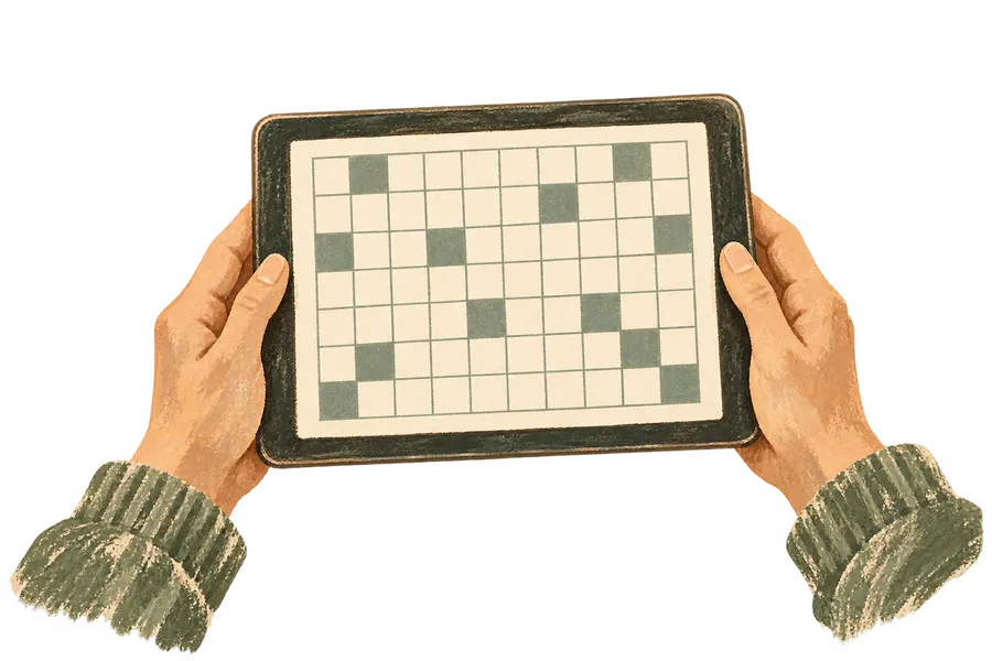 Hands holding a tablet showing a large, calm puzzle grid