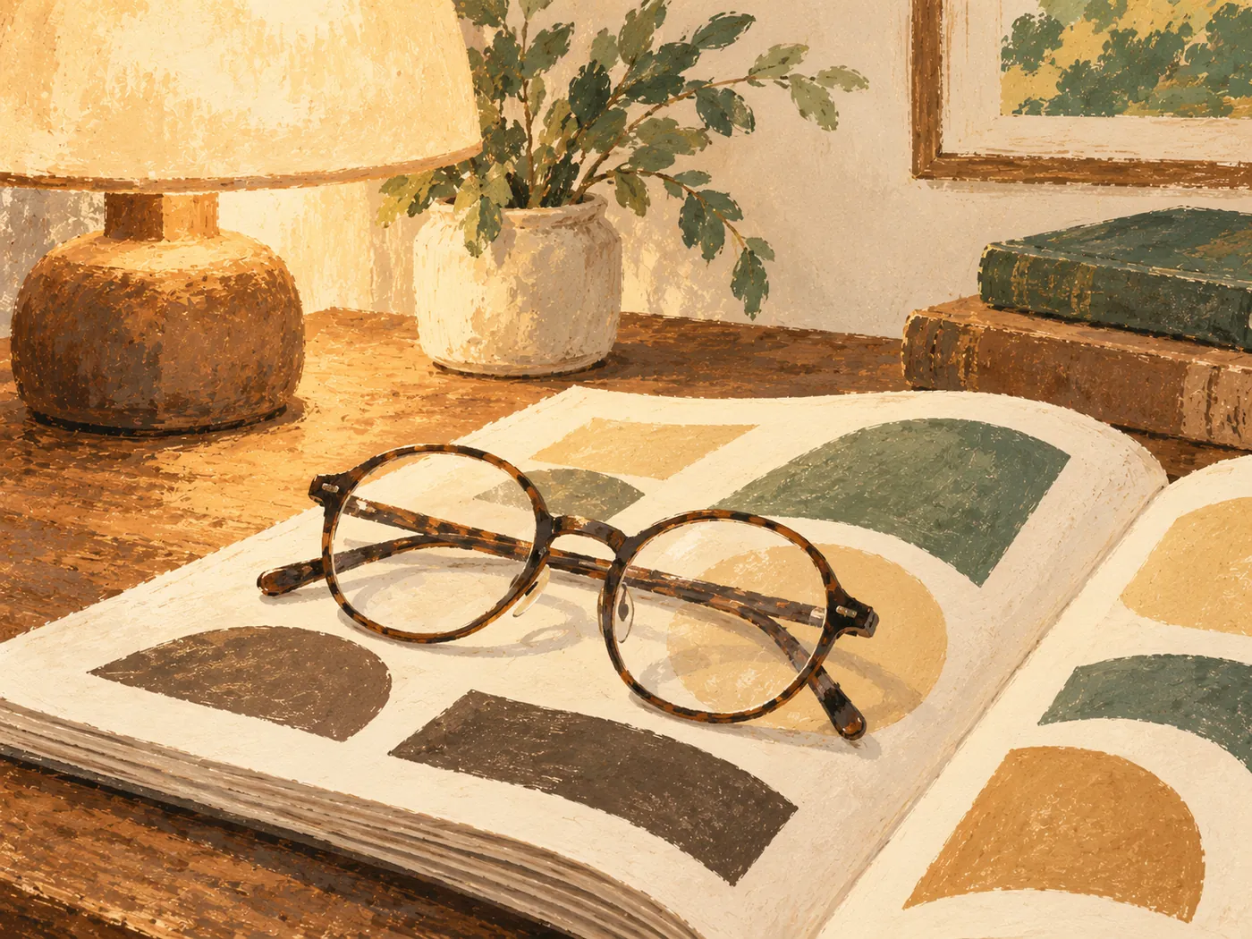 Reading glasses resting on an open large-print book under a warm lamp