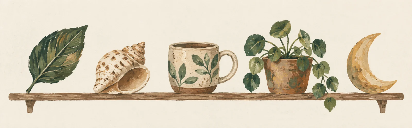 A shelf of painted theme motifs: a leaf, a shell, a teacup, a houseplant and a crescent moon