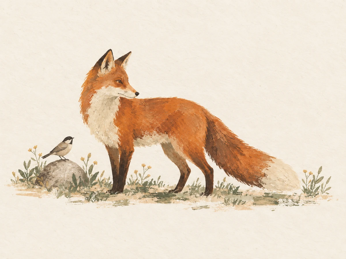 Animals word search, medium — painted illustration of a red fox with a small bird and a few ferns