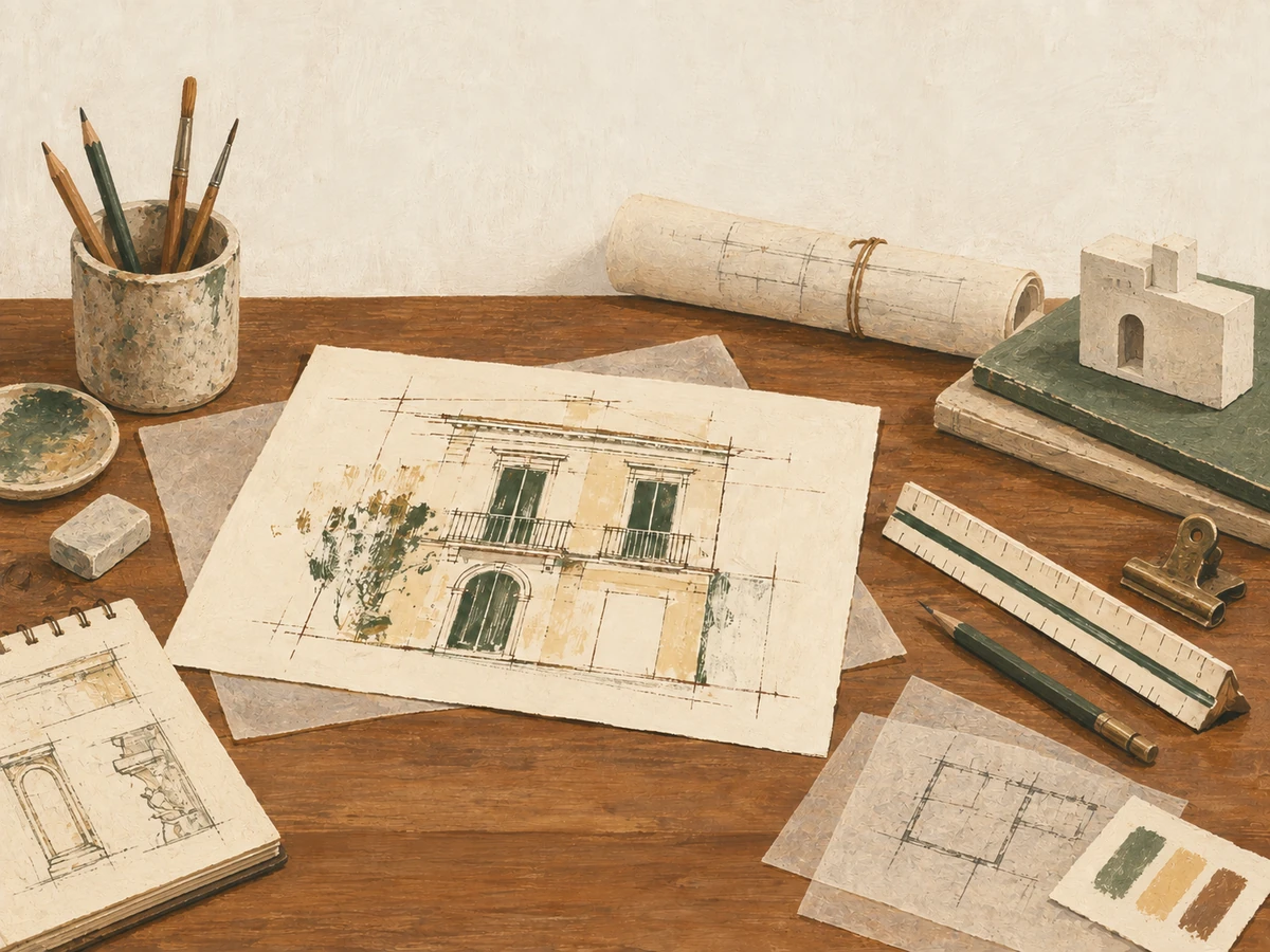Architecture word search — painted illustration