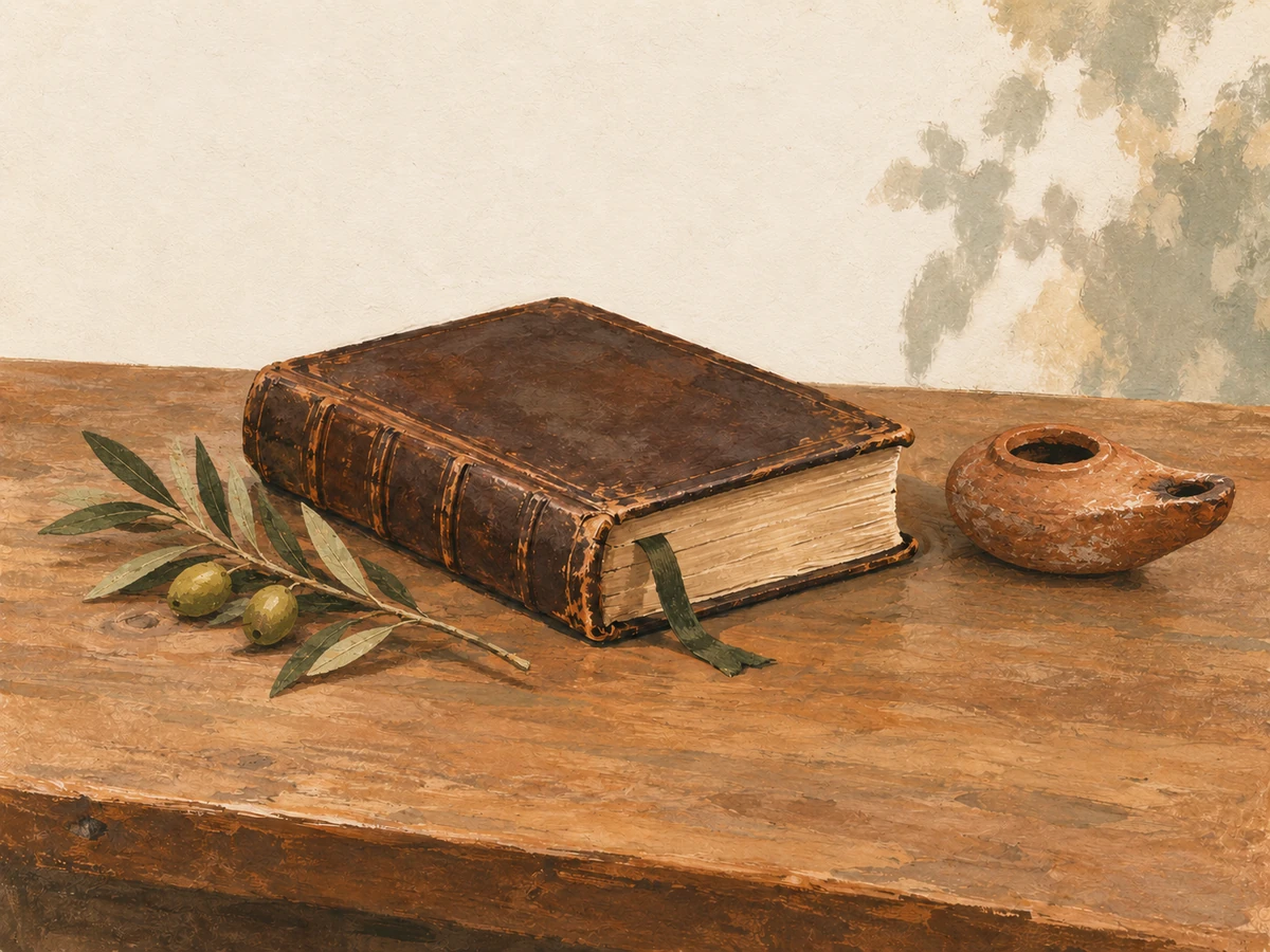Bible word search, medium — painted illustration of a closed Bible beside an olive branch and a clay oil lamp