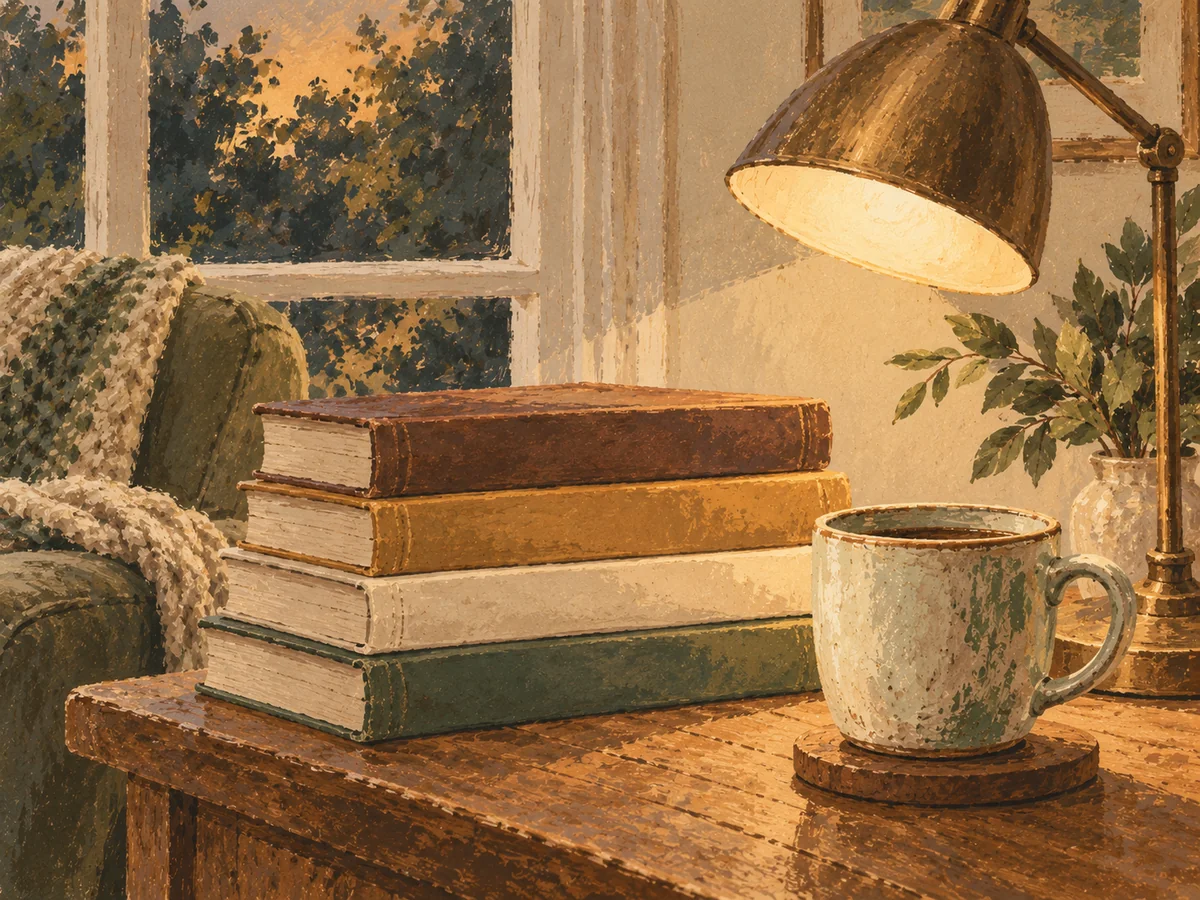 Bible word search — painted illustration of a closed old Bible with a ribbon bookmark, an olive branch and an oil lamp on a wooden table
