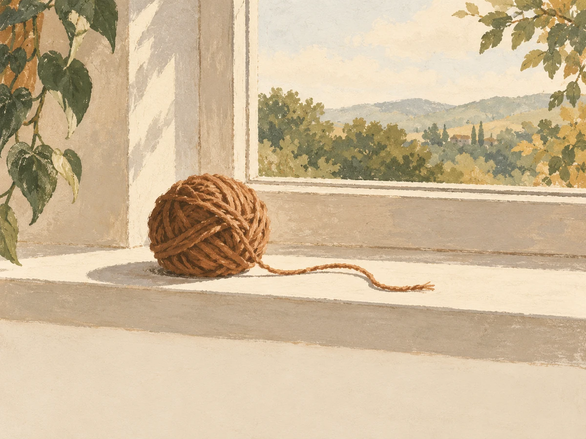 Cats word search, easy — painted illustration of a ball of yarn on a sunny windowsill