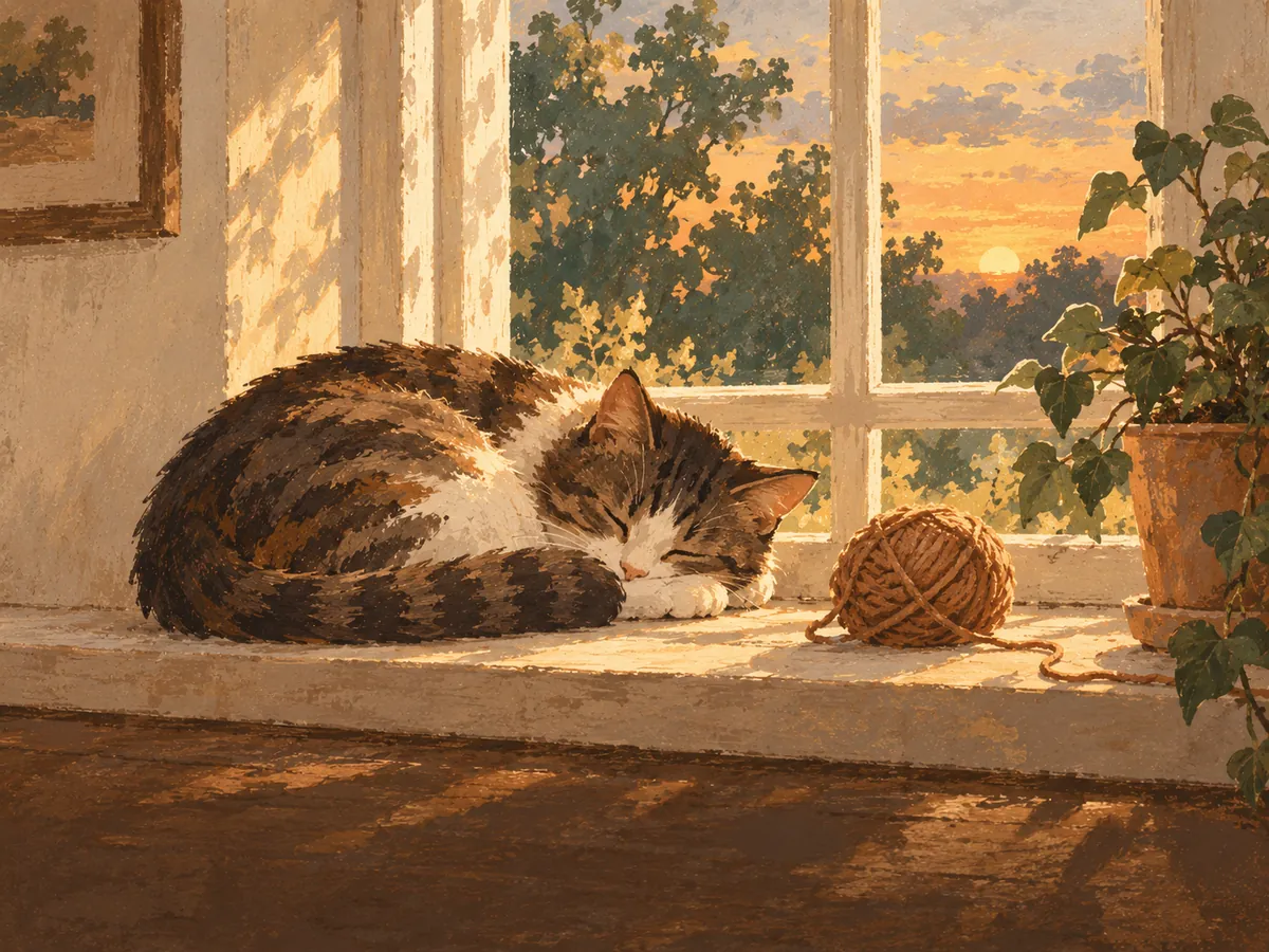 Cats word search — painted illustration of a cat asleep on a sunny windowsill beside a ball of yarn