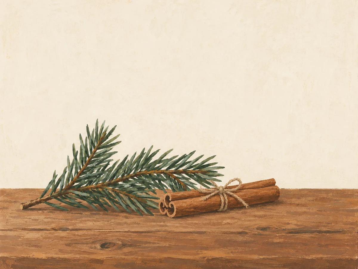 Christmas word search, medium — painted illustration of a pine sprig and a bundle of cinnamon sticks