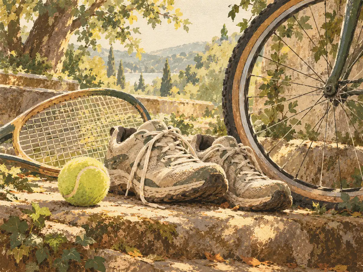 Cycling word search — painted illustration of a bicycle wheel, helmet and folded route map on a bench