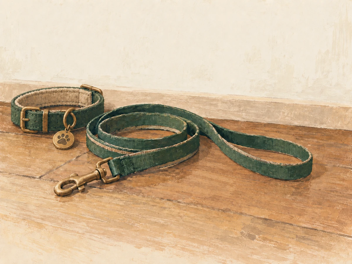 Dogs word search, medium — painted illustration of a dog lead and a collar with a name tag