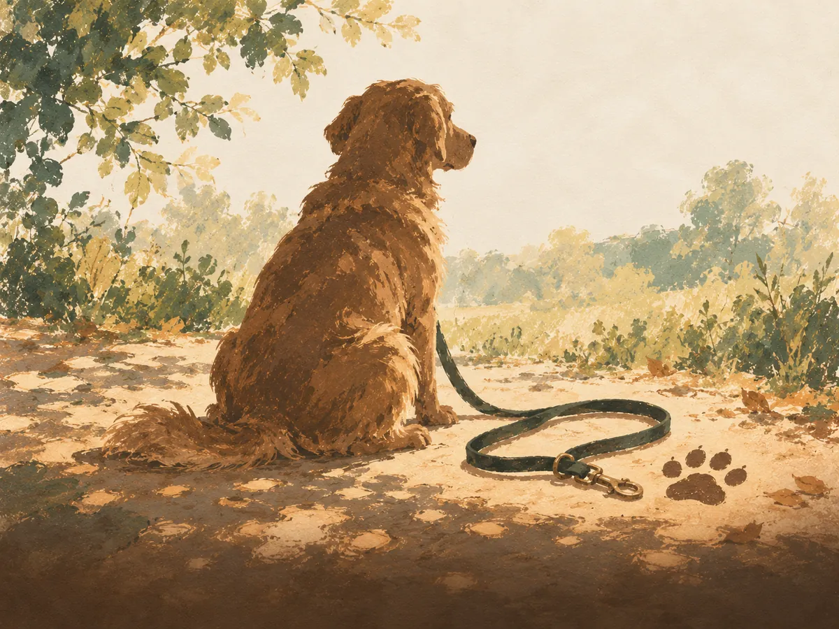 Dogs word search — painted illustration of a golden dog sitting in the sun beside its lead