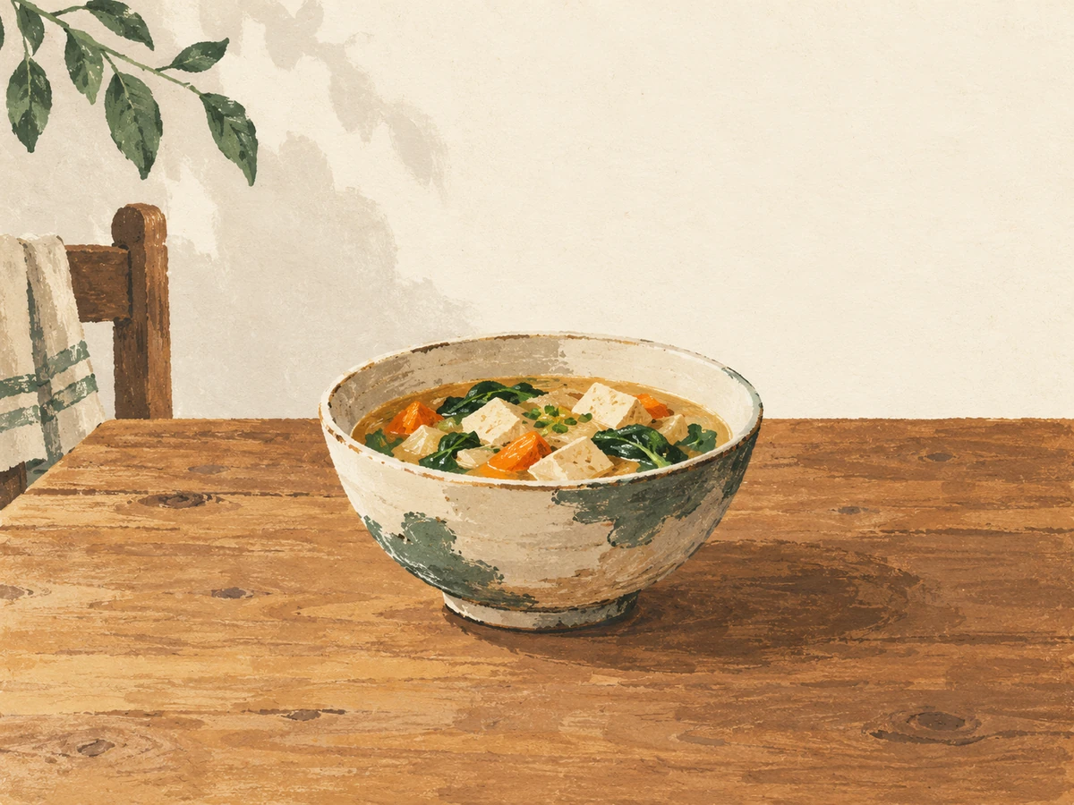 Food word search, easy — painted illustration of a bowl of vegetable soup on a kitchen table
