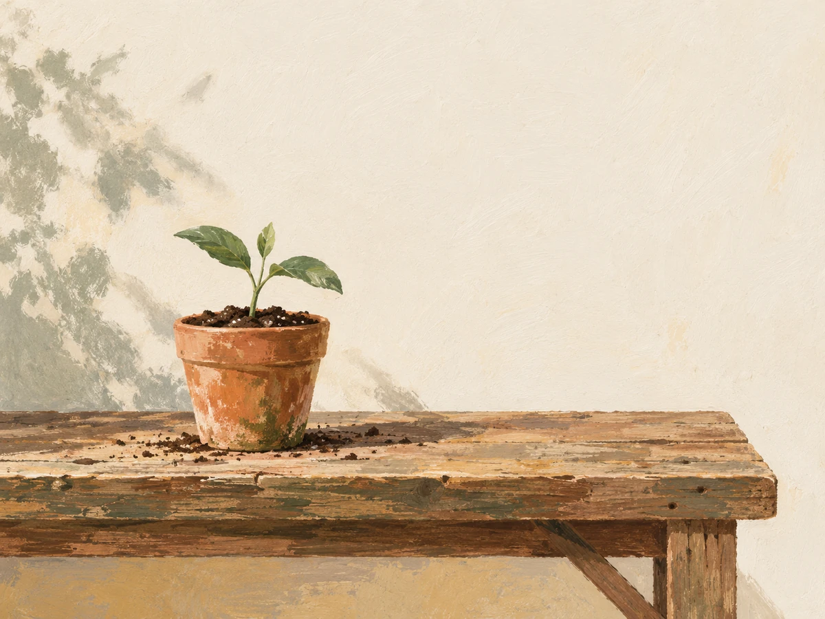Garden word search, large print — painted illustration of one seedling in a clay pot on a potting bench