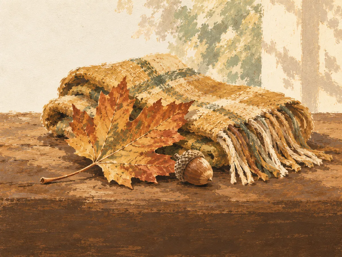 Gratitude word search — painted illustration of a small journal, a pressed leaf and a cup of tea on linen