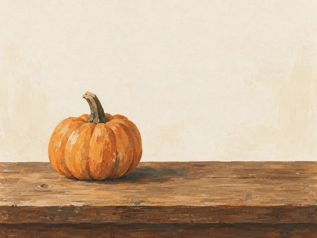 Halloween word search, large print — painted illustration of a single pumpkin on a wooden table