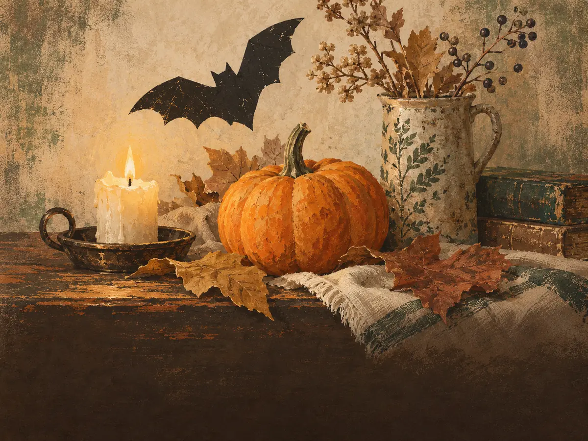 Halloween word search — painted illustration of a pumpkin, a lit candle, autumn leaves and a paper bat on a wooden table