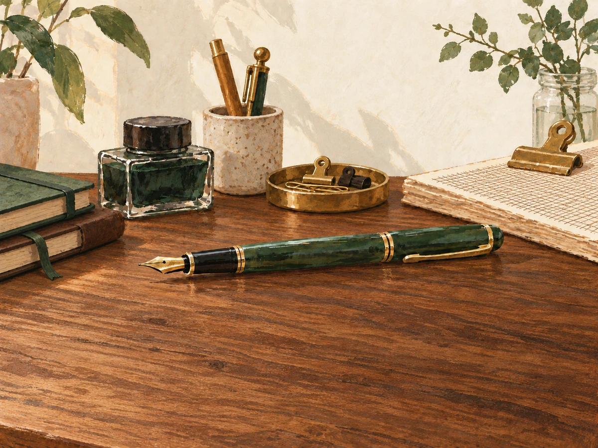 Hard Pack word search, hard — painted illustration of a desk full of pens, ink, notebooks and a brass tray