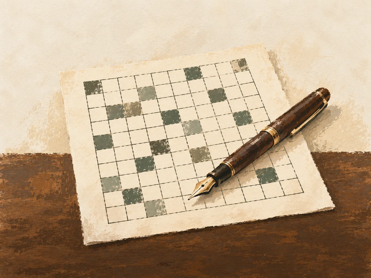 Hard Pack word search — painted illustration of a dense puzzle grid with a fountain pen