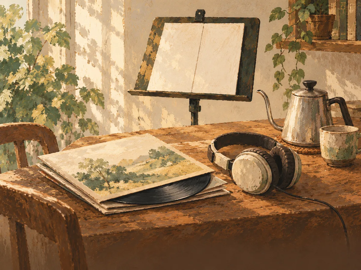Instruments word search — painted illustration of a violin, flute and sheet music on a music stand