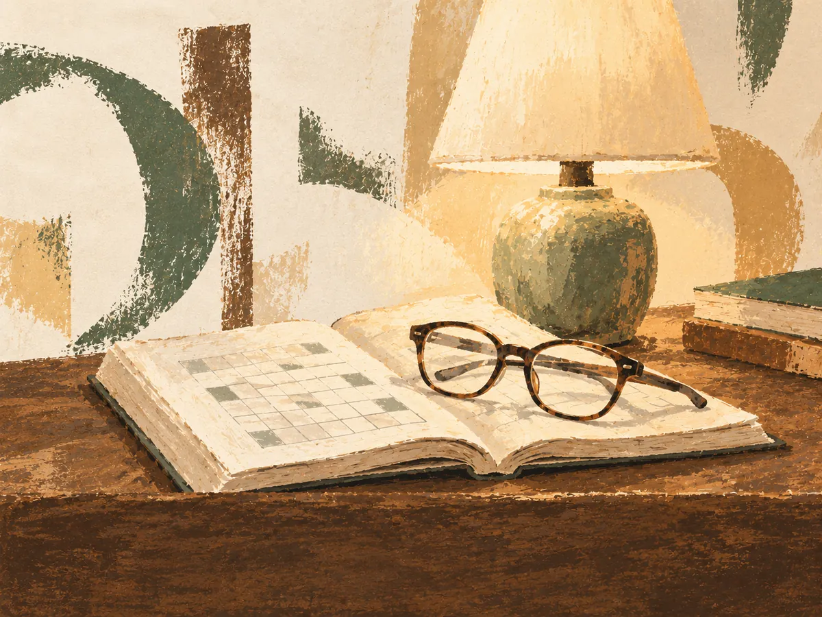 Large Print Pack word search — painted illustration of reading glasses on an open puzzle book under a lamp