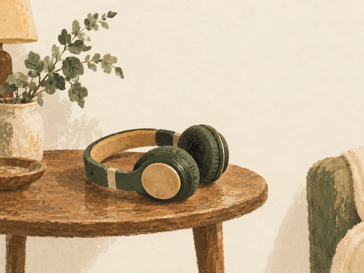 Music word search, easy — painted illustration of a pair of headphones on a small side table