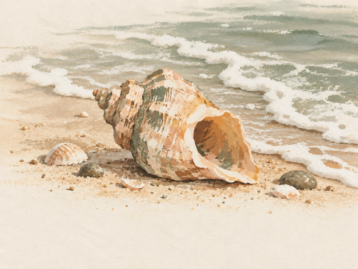 Ocean word search, medium — painted illustration of a seashell on the sand with gentle waves