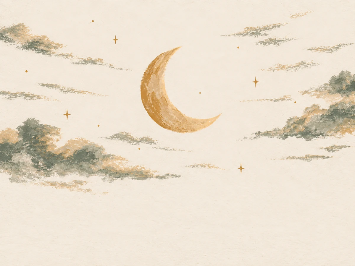 Space word search, medium — painted illustration of a crescent moon above soft clouds and a few stars