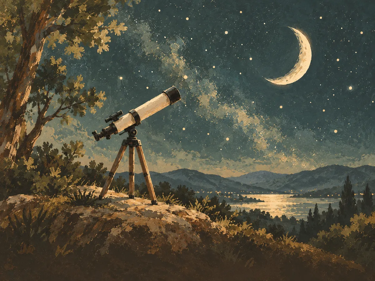 Space word search — painted illustration of a telescope on a hill under a crescent moon and stars