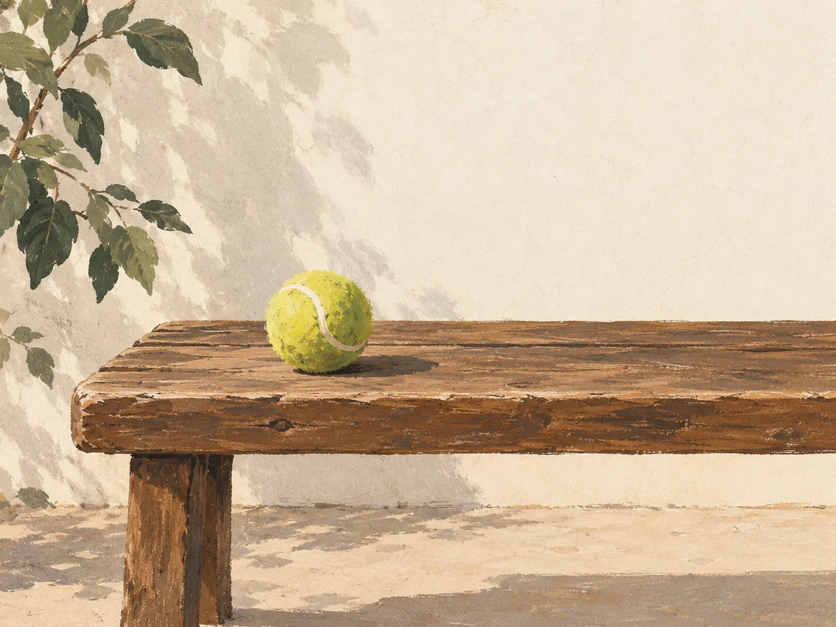 Sports word search, easy — painted illustration of a tennis ball on a wooden bench