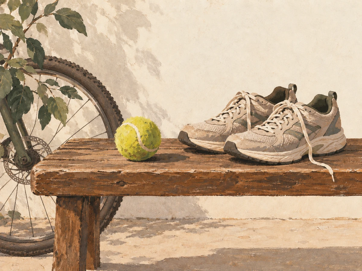 Sports word search, hard — painted illustration of a tennis ball, trainers and a bicycle wheel by a bench