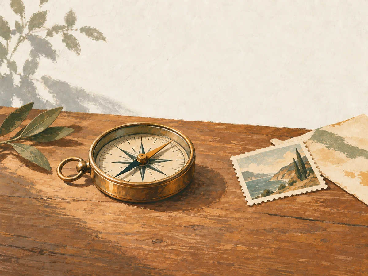 Travel word search, medium — painted illustration of a compass with postcards and a stamp