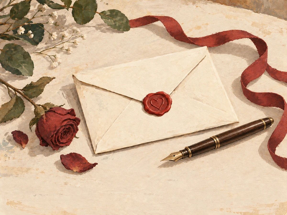 Valentine's Day word search, hard — painted illustration of a sealed letter, dried rose, ribbon and fountain pen on cream paper