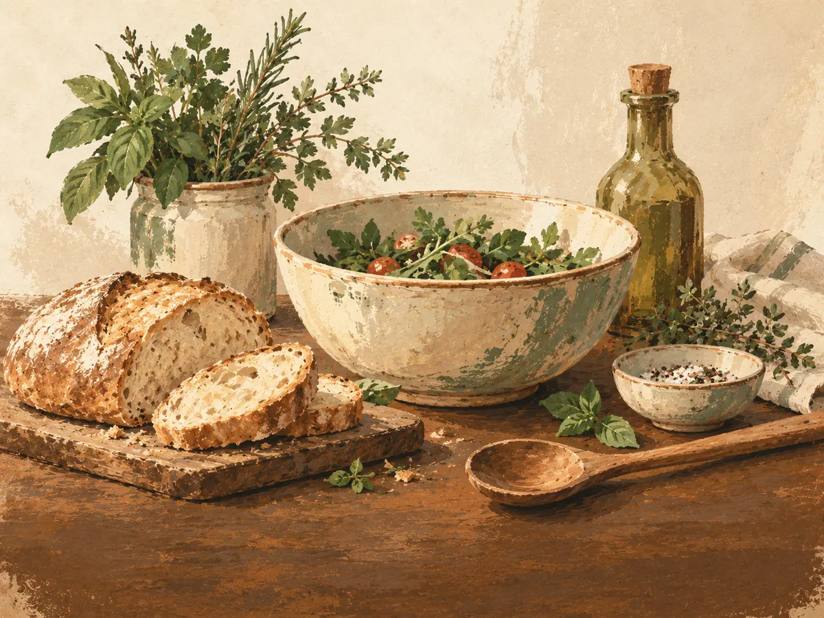 Vegetables word search — painted illustration of a wooden crate of carrots, greens and peppers on a kitchen table