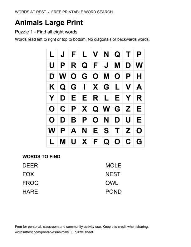 Large Print Animals: Soft Nest: printable 9 by 9 letter grid with 8 words to find