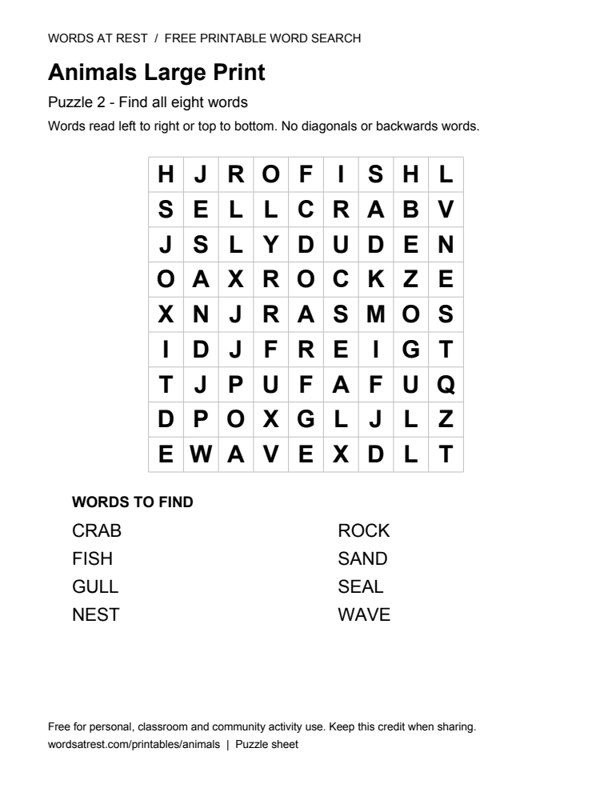 Large Print Animals: Soft Shore: printable 9 by 9 letter grid with 8 words to find