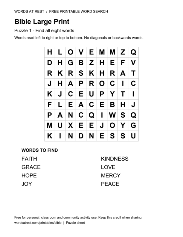 Large Print Bible: Virtues Word Search: printable 9 by 9 letter grid with 8 words to find