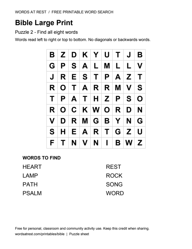 Large Print Bible: Soft Psalm Word Search: printable 9 by 9 letter grid with 8 words to find