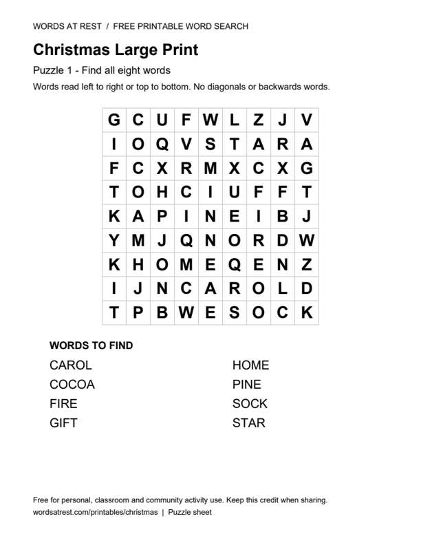 Preview of puzzle 1: a 9 by 9 letter grid and word list