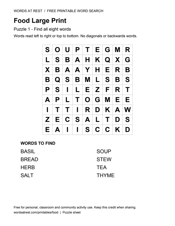 Large Print Food: Soft Broth: printable 9 by 9 letter grid with 8 words to find