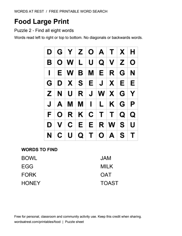 Large Print Food: Soft Toast: printable 9 by 9 letter grid with 8 words to find
