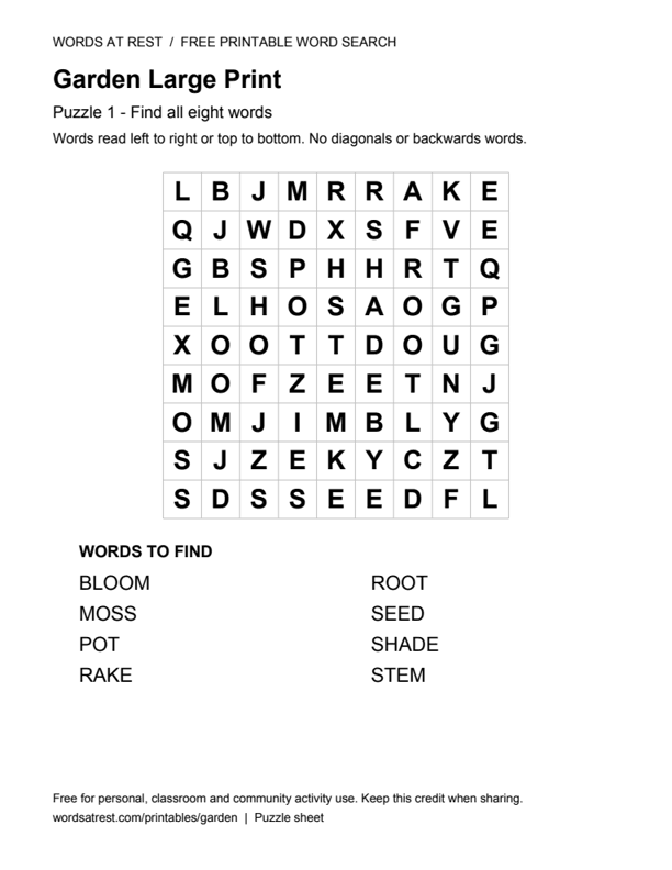 Large Print Garden: Soft Bloom: printable 9 by 9 letter grid with 8 words to find