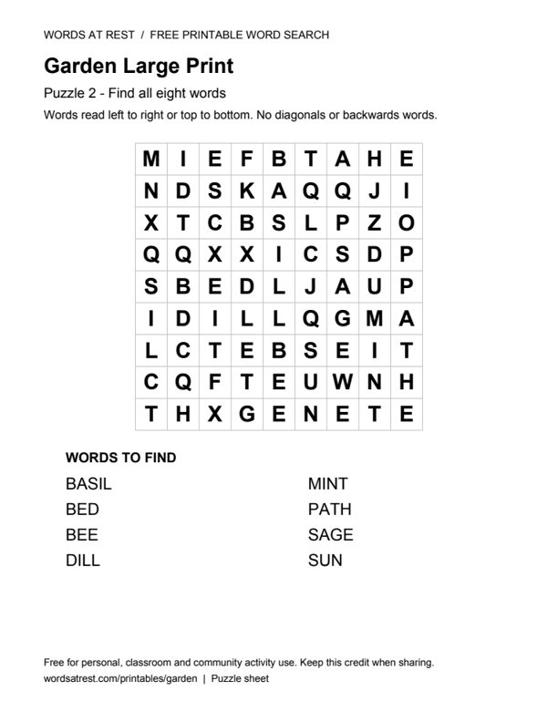 Large Print Garden: Soft Herb: printable 9 by 9 letter grid with 8 words to find