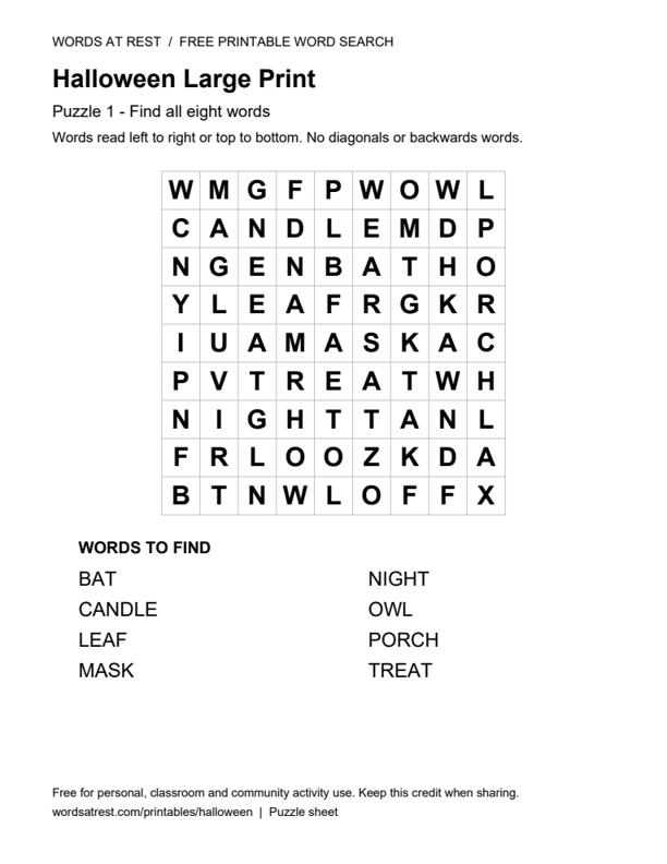 Preview of puzzle 1: a 9 by 9 letter grid and word list