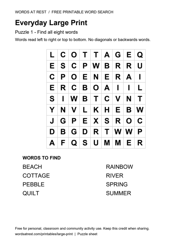 Preview of puzzle 1: a 9 by 9 letter grid and word list