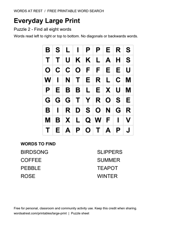 Preview of puzzle 2: a 9 by 9 letter grid and word list
