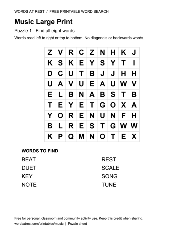 Large Print Music: Soft Note: printable 9 by 9 letter grid with 8 words to find