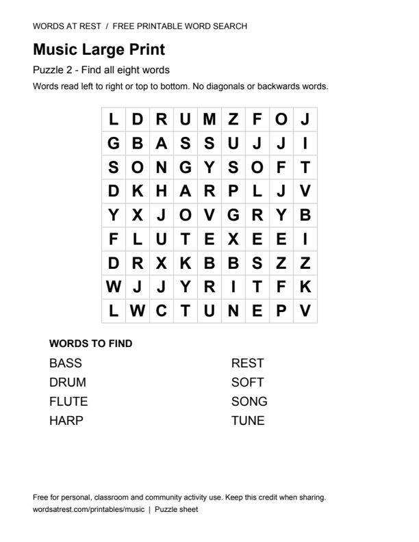 Large Print Music: Soft Tune: printable 9 by 9 letter grid with 8 words to find