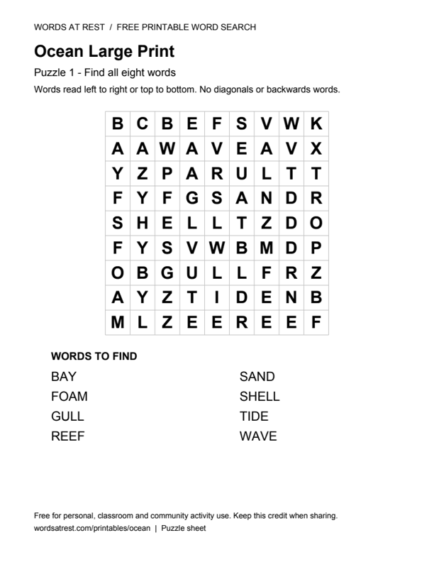 Large Print Ocean: Soft Tide: printable 9 by 9 letter grid with 8 words to find