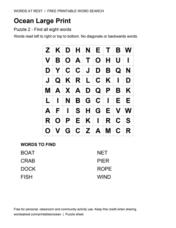 Large Print Ocean: Soft Pier: printable 9 by 9 letter grid with 8 words to find