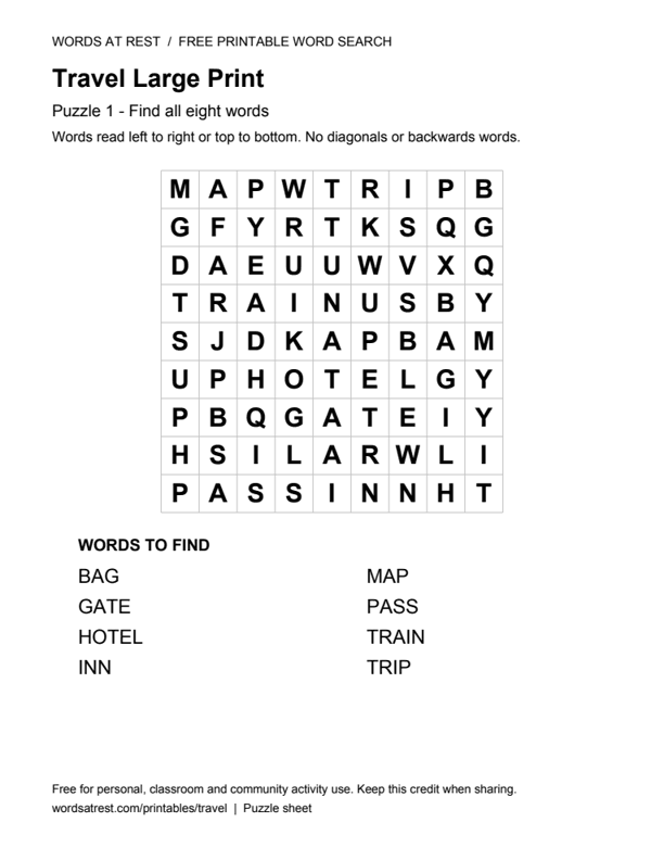 Large Print Travel: Soft Map: printable 9 by 9 letter grid with 8 words to find