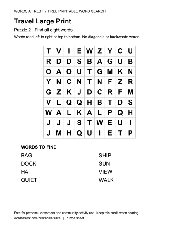 Large Print Travel: Soft View: printable 9 by 9 letter grid with 8 words to find